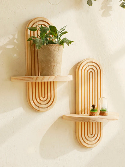 1Pc Boho Style Wooden Wall Shelves - Geometric Wall Mounted Shelves, Natural Wood Finish, Modern Home Decor, Plant Decorative